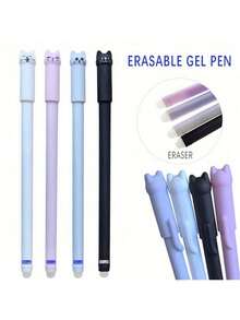 4pcs Cat Erasable Gel Pens, 0.5mm Magic Ink, Blue & Black Pen Set With Eraser, Creative Student Stationery, Back To School Supplies - Sets - View 1