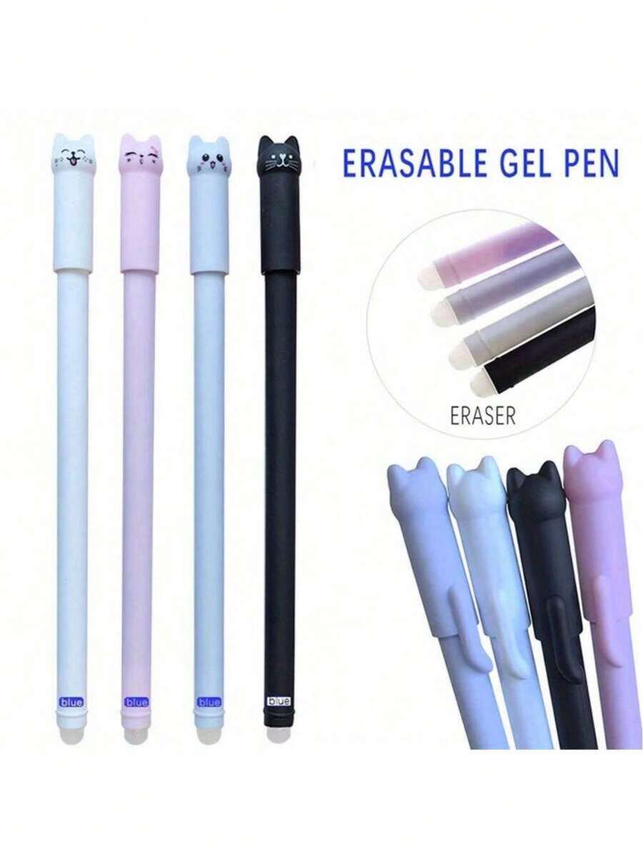 4pcs Cat Erasable Gel Pens, 0.5mm Magic Ink, Blue & Black Pen Set With Eraser, Creative Student Stationery, Back To School Supplies - Sets - View 1