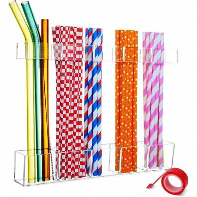 Large Upgrade Acrylic Straw Holder, Straw Rack With Double Sided Tape Organizer, Reusable Straws Counter Cabinet Cupboard Kitchen ( (1 Pack)