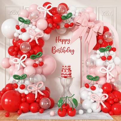 133pcs Cherry-Themed Balloon Arch Set, Includes Red, Pink, White, And Clear Long Latex Balloons, Perfect For Birthday Parties, First Birthday Parties, Bridal Showers, Weddings, Proposals, And Sweet Cherry-Themed Party Decorations.