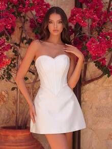 优雅甜心领口串珠心形抹胸高腰露背系带短款褶皱派对礼服，适合舞会、生日派对、晚宴、约会、返校节、婚礼宾客、鸡尾酒会、家庭聚会、节日等场合，春季白色 - 白色 - 查看 6