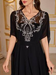 SUPGIR Women's V-Neck Batwing Sleeve Luxury Bead Sequin Stitching Two Pieces Maxi Chiffon Formal Evening Dress - Black - View 4