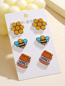 3件套可爱蜂巢蜜蜂亚克力耳环，Y2K清新风格耳环，适合春季野餐、日常佩戴，百搭饰品 - 彩色 - 查看 3