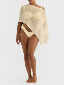 Women's Sheer Poncho Top, Lightweight Cover-Ups Crochet Shrug Bolero Mesh Knit Top,See-Through Off Shoulder Solid Color Irregular Knitted Loose Pullover, Boho Batwing Sleeve Sweater Cover Up Beachwear,Boho Aesthetic  Going Out Streetwear,Beach Wear,Rave Outfit,Concert Outfit,Summer Vacation Outfits,4th Of July Outfit Women - 黃色 - 查看 4