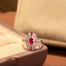 Women's Oversized Bicolor Inlaid Red Oval Zirconia Ring - Red - View 6