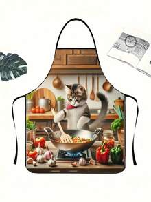 1pc Cartoon Cooking Cat Apron, Casual Style, 100% Polyester, Non-Stretch Fabric, Woven, 150g/M², Tie Back Detail, Loose Fit, All-Season Kitchen Apron For Men And Women - 60*80cm - View 5