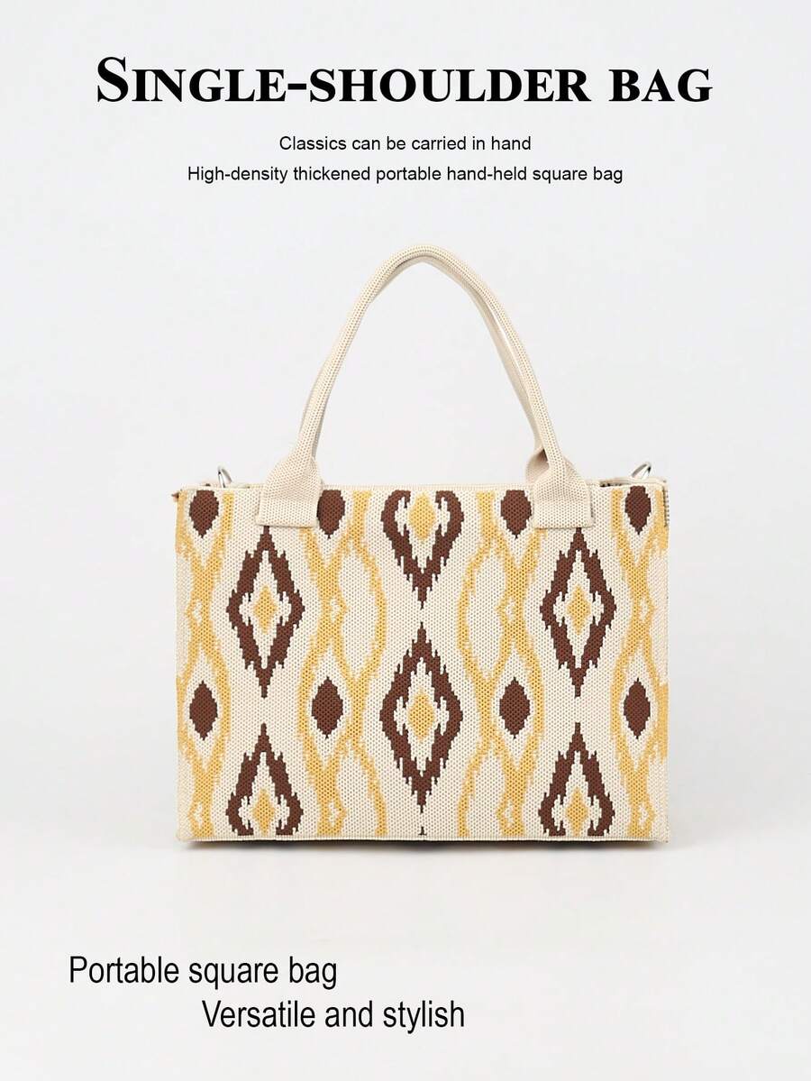 1pc Multicolor Printed Fashionable Lightweight Foldable Open-Top Tote Bag, Suitable For Outings, Commuting, Photography In All Seasons - Beige - View 1