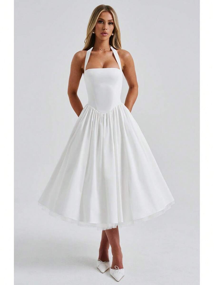2026 New Women Dress European American Style Puffy Skirt Evening Gown Popular Lace-Up Dress Women Clothing For Party Date - trắng - Xem 1