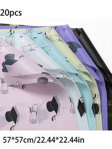 20pcs/Pack Pink Graduation Cap Wrapping Paper, Graduation Gift Packaging Paper, Jelly Membrane Gift Wrapping Paper With Graduation Cap, Degree Cap And Tassel Pattern, Colorful Back To School Bouquet Paper, Suitable For Graduation Gifts, Party Decorations - Multiple Styles - View 4