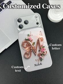 1pc Customizable Text & Letter Design With Pink Rose, Butterfly & Floral Decor, Tempered Glass Material Phone Case Suitable For IPhone 17 ProMax/17 Air/15/16 Pro/14 Plus/13 Pro/12 Pro Max/11, Tempered Glass Camera Protection, Tempered Glass Back Cover, Large Viewing Window Phone Protective Case, Best Gift For Friends And Family - Silver - View 4