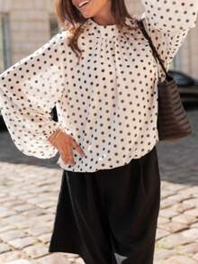 新款时尚优雅女士波点衬衫，撞色波点印花全身休闲/度假衬衫，长袖纽扣波点印花休闲/度假/约会/返校/派对衬衫，白色夏季 - 白色 - 查看 3