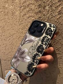 字母花卉蕾丝图案手机壳，兼容 13、14 Pro Max、17、17 Pro Max、13 Pro Max、12、11 - 黑色 - 查看 3