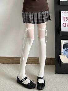 1双米色/黑色薄款透明甜美蝴蝶结拼接长筒袜，适合春夏穿着 - 彩色 - 查看 12