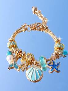 1pc Ocean Style Charm Bracelet, Starfish & Shell Charm Bracelet, Shell & Conch DIY Bracelet, Fashionable Boho Holiday Style Bracelet, Fashionable Cherry Blossom Flower Charm Bracelet - Gold - View 11