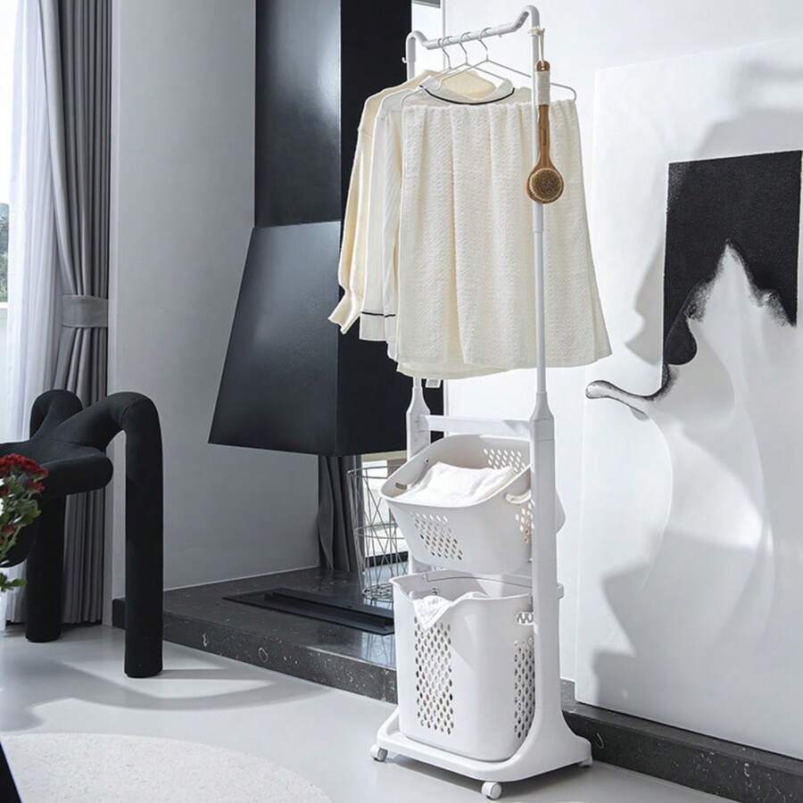 LIVINGANDHOME 2-Tier Rolling Laundry Basket With Hanging Rack, 4 ...