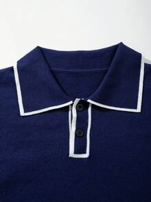 Men's Neutral Knitted Polo Collar Casual Commute Versatile Business Fit Short Sleeve Pullover T-Shirt Top Spring Summer - Navy Blue - View 5