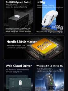 R6 无线鼠标，轻量级 PAW3950 电竞 42,000 DPI 游戏 3 模式蓝牙 8K 鼠标 - 查看 3