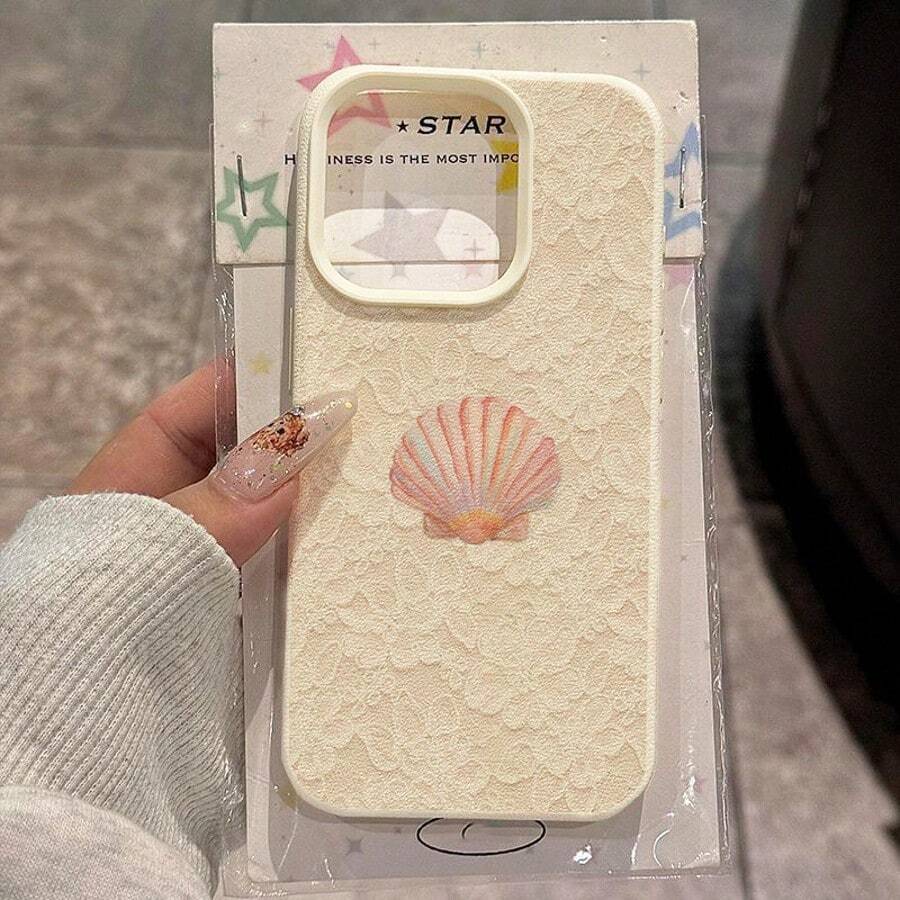 1pc TPU Material Soft Pink Lace Shell Pattern Phone Case Compatible With IPhone 17 Pro Max/17/16 Pro Max/15/13/12/11, S20 FE/A15/S24/A55, Note 11/Note 12/Note 13 Pro, Full Coverage Anti-Drop Soft Protective Phone Cover,International Version, Not The Domestic Version - White - View 1