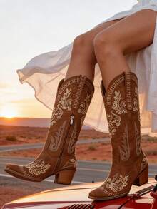 Retro Western Cowboy Boots Mid Calf Cowgirl Booties Women Luxury Embroidery Rhinestones Block Chunky Heel Festival Party Shoes - 棕色 - 查看 4