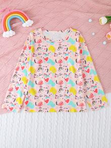 2件套女童休闲可爱卡通印花圆领长袖卫衣和裤子睡衣套装，阻燃，四季皆宜 - 彩色 - 查看 3