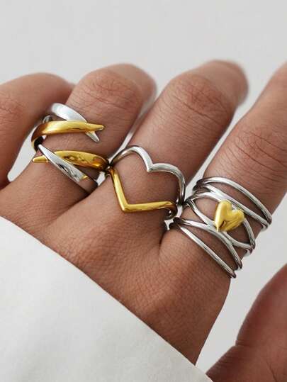 Frminee Conjunto de 3 anéis em aço inoxidável banhados a ouro 18k estilo francês com formato de coração, joias empilháveis, sem níquel, design exclusivo, acessórios perfeitos para o dia a dia e festas.