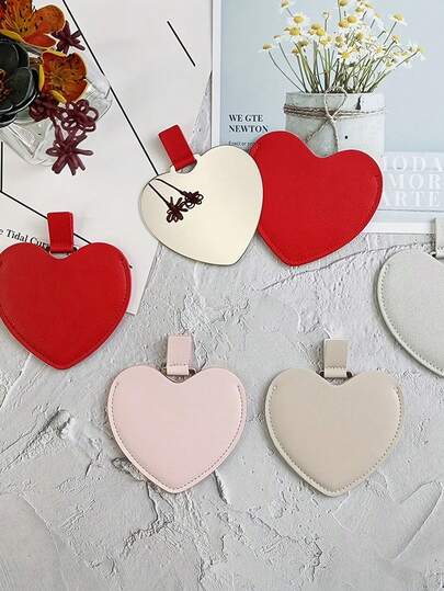1pc Compact And Portable Heart-Shaped Makeup Mirror, Mini Stainless Steel & Slim Leather Travel Mirror, Perfect Gift For Holidays, Mother's Day, Bridal Shower & Wedding Party Decor, Shatterproof Touch-Up Mirro