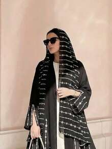 2pcs Women Embroidered Robe & Headscarf Set - Elegant & Dignified, Suitable For Spring & Summer - Classic Black - View 3