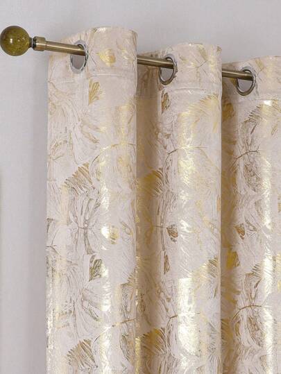 1-Piece Elegant Beige Curtain With Golden Leaf Print Pattern, Suitable For Decoration In All Seasons, Applicable To Living Rooms, Bedrooms, And Other Places. Machine Washable, With Top Eyelet Design, Suitable For Living Room Curtains