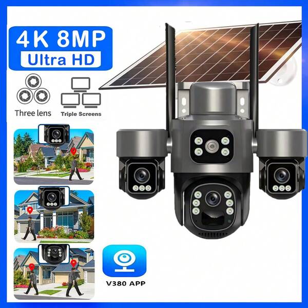 Cámara de exterior 4K/8MP con energía solar, triple lente con giro e inclinación de 355° y seguimiento automático, visión nocturna a color, alarma por detección de movimiento, WiFi 2.4G, llamadas bidireccionales, almacenamiento en SD/nube, carga mediante panel solar, grabación 24/7.