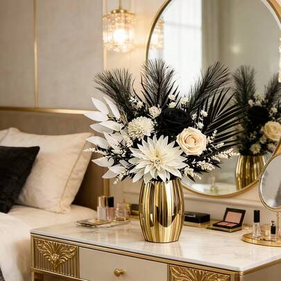 一套黑白极简主义人造花束，由仿真玫瑰、菊花和桉树叶组合而成，现代极简主义风格，适用于客厅、玄关、卧室等场所，不含花瓶。