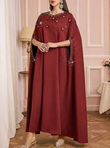 Solessence Women's Elegant Conservative Arabic Style Dress With Beaded Embellishments - Burgundy - View 2