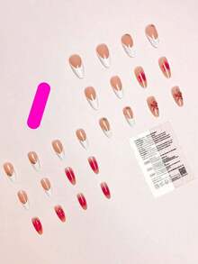 24pcs/Set Elegant Gradient Pink & White Almond-Shaped Nail Stickers With 3D Floral & Pearl Decor, Includes Gel Polish And Nail File, Suitable For Girls/Women For Daily, Party, Autumn Nails Nail Supplies - 多色 4 - 查看 3