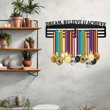 1pc Sports Medal Display Rack, Metal Wall Mounted, Holds Up To 60 Medals, Black, Multi-Function Hooks - Black - View 2