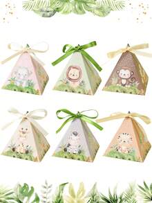 12个丛林动物主题三角礼盒，带丝带，适用于一周岁生日派对、婴儿派对装饰、多用途包装盒、性别揭晓派对用品、婴儿派对装饰、草莓主题派对装饰、婴儿派对用品、一周岁生日派对装饰 - 叢林動物 - 查看 3