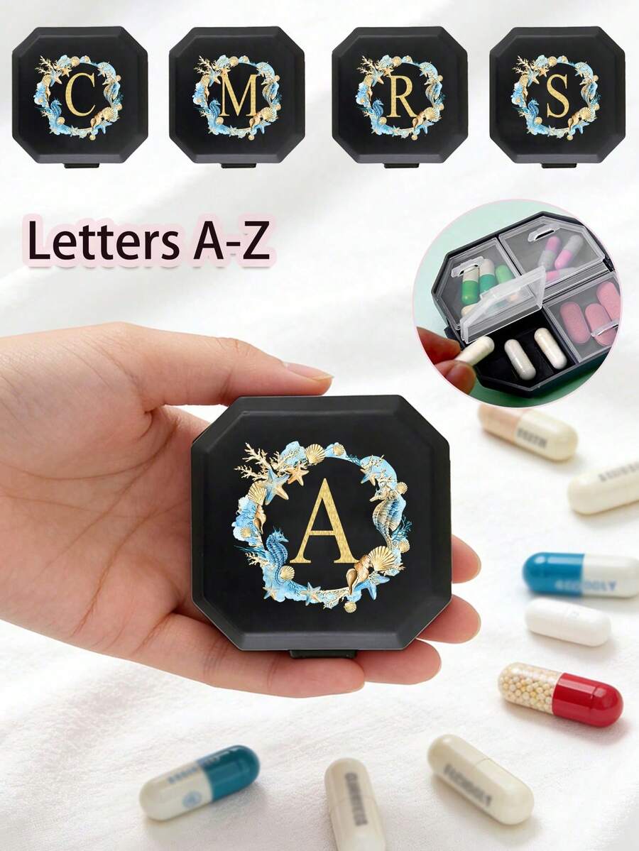 Gold Seashell Seahorse Ocean Element Initial Portable Pill Case, 6-Compartment Capsule Storage Box, Travel Pill Box, Pill Bottle Box, Mini Pill Box With A-Z Letters (Excluding Q/U), 6-Grid Tablet Organizer Travel Mini Pill Box, Suitable For Tablet Moisture-Proof Medication And Vitamin Container Dispenser