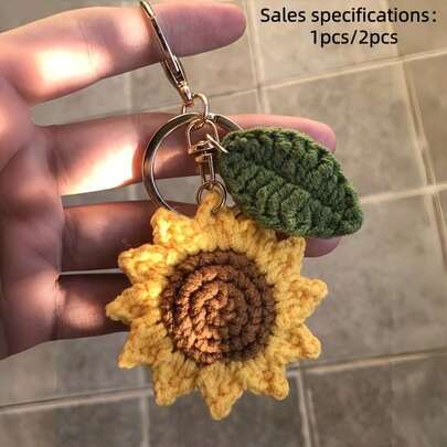 1pc Handmade Crochet Sunflower Keychain - Vibrant Yellow Yarn Flower With Green Leaves, Durable Fabric Material Suitable For Bags, Keys, Car Decor - Unique Gift Idea, Crochet Flower, Bag Charm, Artisanal Craftsmanship