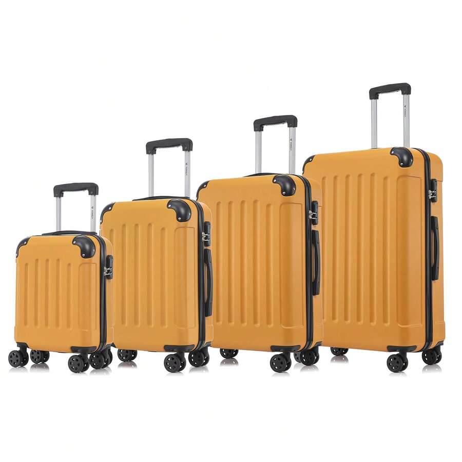 YONSLY 4-Piece Wheeled Suitcase Set With 360° Wheels, Combination Lock, Robust Double Zipper, Mesh Pocket, Soft Rubber Handle, 16/20/24/28 Inch Trolley Suitcase, Hard Shell Carry-On Luggage Set (4-Piece Set, S, M, L & XL) - 橘色 - 查看 1