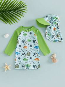 Toddler Baby Boy Swimsuit With Sun Hat Set Printed Long Sleeve Rash Guard Half Zip-Up Bathing Suits - Green - View 6