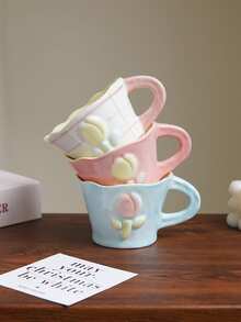 1pc 220ml Ceramic Coffee Cup With Embossed Floral Design Minimalist Asymmetric Rim Mug Pink Checkered Pattern With Blue Stripes Suitable For Home Decor Tableware Coffee Shop Latte And Milk Cup Summer Party Beverage Cup Giftware - Multicolor - View 10