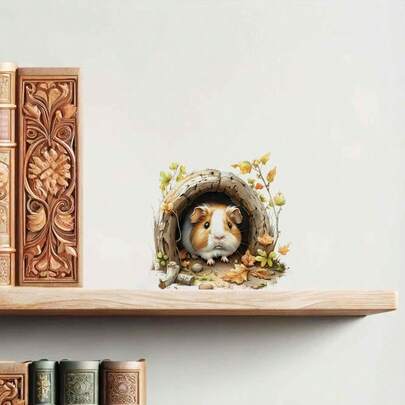 1个可爱豚鼠树洞墙贴，踢脚线装饰贴纸，可移除自粘墙贴，适用于客厅、厨房、卧室，趣味动物宠物爱好者礼物。