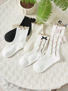 1 Pair Women's Mid-Calf Socks, Solid Color Minimalist Lace Trim Ankle Socks, Ruffle Edge Short Socks With Bow Design, Essential For Casual Daily Wear - Multicolor - View 7