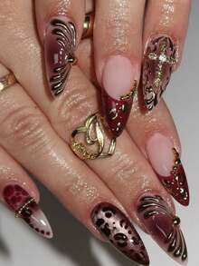 24片中号杏仁形假指甲，饰有法式甜美花卉图案、可爱金色海星、柔和波浪形闪亮金色珠子/粉色3D蝴蝶花/撞色金属豹纹十字架，适合所有女性，可作为女士礼物。 - 棕色 - 查看 2