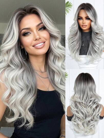 Ombre Color 24 Inch Middle Part Long Curly Wig, Elegant And Fashionable Wig For Women, Synthetic Heat Resistant Machine-Made Wig, Suitable For Daily Wear, Travel, Parties And Festivals, Ideal Holiday Gift For Girls