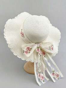 Summer New Korean Style Women's Ribbon Breathable Straw Hat, Travel Sun Hat, Oversized Brim, Bowknot, Bohemian Casual Elegant Vintage Street Style, Polyester, Wind/UV Protection, Spring And Summer - Mũ Rơm - Xem 11