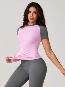 NcmRyu 1 pieza Camiseta deportiva de manga corta y ajustada de unicolor para , de verano - Rosa - Ver 5