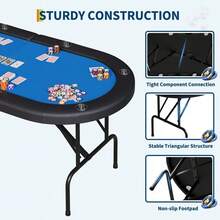 Mesa de póquer plegable para 8 jugadores, mesa de casino Texas Holdem de 72 pulgadas con barandillas acolchadas y portavasos, mesa de juego plegable portátil para el hogar o la sala de juegos. - Color: ribete negro + azul - Ver 5