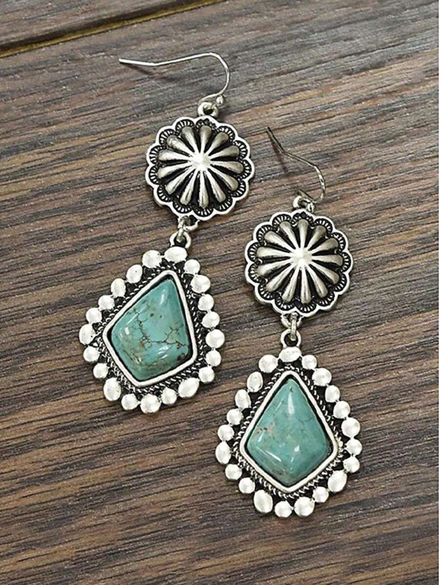 1 Pair Bohemian Style Vintage Daisy & Turquoise Teardrop Earrings, Bridal Wedding Jewelry - Multicolor - View 1