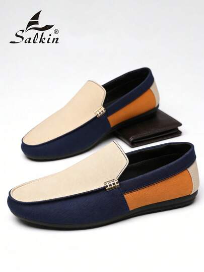 Salkin Classic Designer Men's Moccasin Shoes, Luxurious Velvet Loafers, Soft Leather Business & Social Shoes For Men, Suitable For Daily Office, Party, Wedding, Formal Occasions, Romantic Dinner, Holiday Gifts, Student Back To School Casual Shoes, Collegiate Style. Recommend Sizing Up One Size.