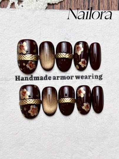 10片手工椭圆形亚克力美甲贴片，适合短指甲，奢华棕色美甲，闪亮猫眼图案，手绘金色樱花叶子戒指，简约优雅的春季奢华美甲，极简美学夏季美甲贴片，多功能美甲DIY假指甲，适合派对、日常、约会、工作场合，可重复使用，送给女性和女孩的礼物，美甲用品