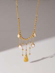 rundraw 1pc New Geometric Chain Water Drop Tassel Zirconia Inlaid Stainless Steel Gold Necklace For Women, Suitable For Parties, Galas, Weddings, Daily Wear, Gifts For Friends And Loved Ones - Gold - View 3